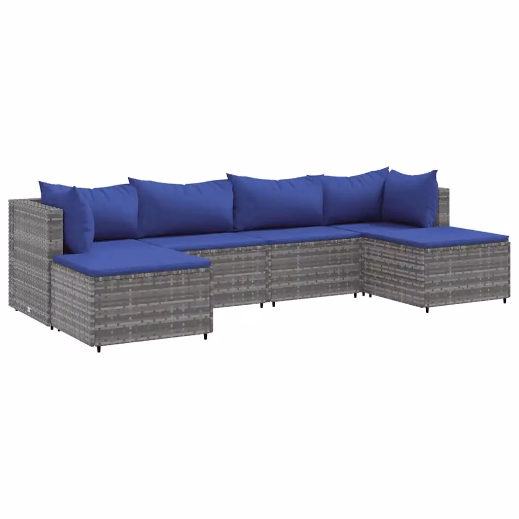vidaXL Set Divani da Giardino a L 6 pz con Ottoman e Cuscini, Polyrattan e Metallo, Grigio e Blu – 2