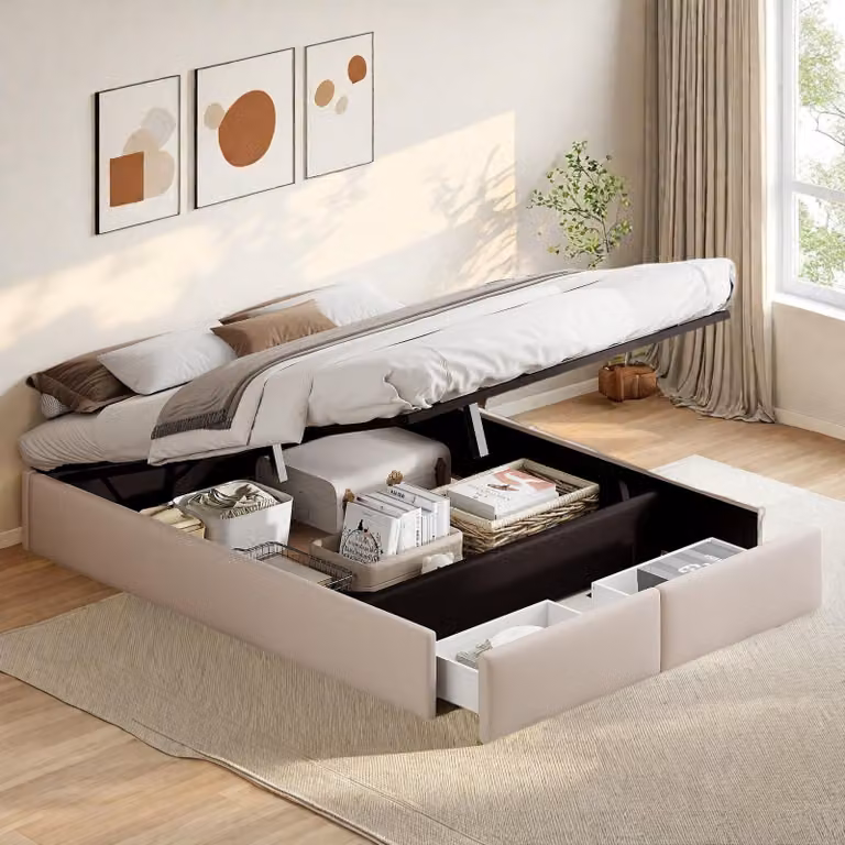 Letto imbottito Fortuna Lai 140x200 cm, letto in lino con rete a doghe, contenitore idraulico e 2 cassetti, beige