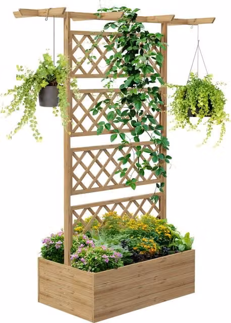 Letto rialzato per orto e giardino con traliccio e pergola per rampicanti Outsunny in legno marrone, L: 160 cm, P: 55 cm, H: 183 cm