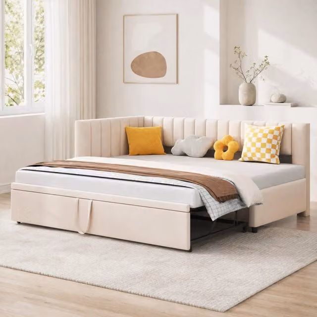 Divano letto MIVRAY con letto estraibile a rullo rivestito in velluto beige, L/P/H: 90 x 200 cm