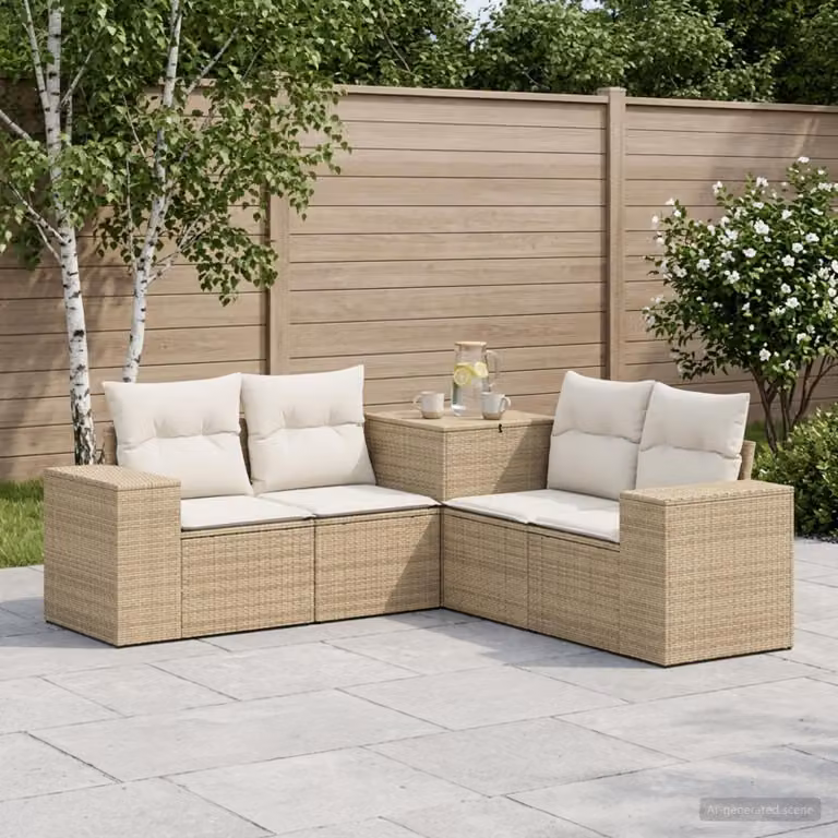 Set di divani da giardino vidaXL in polyrattan beige e bianco con cuscini e pouf a forma di L