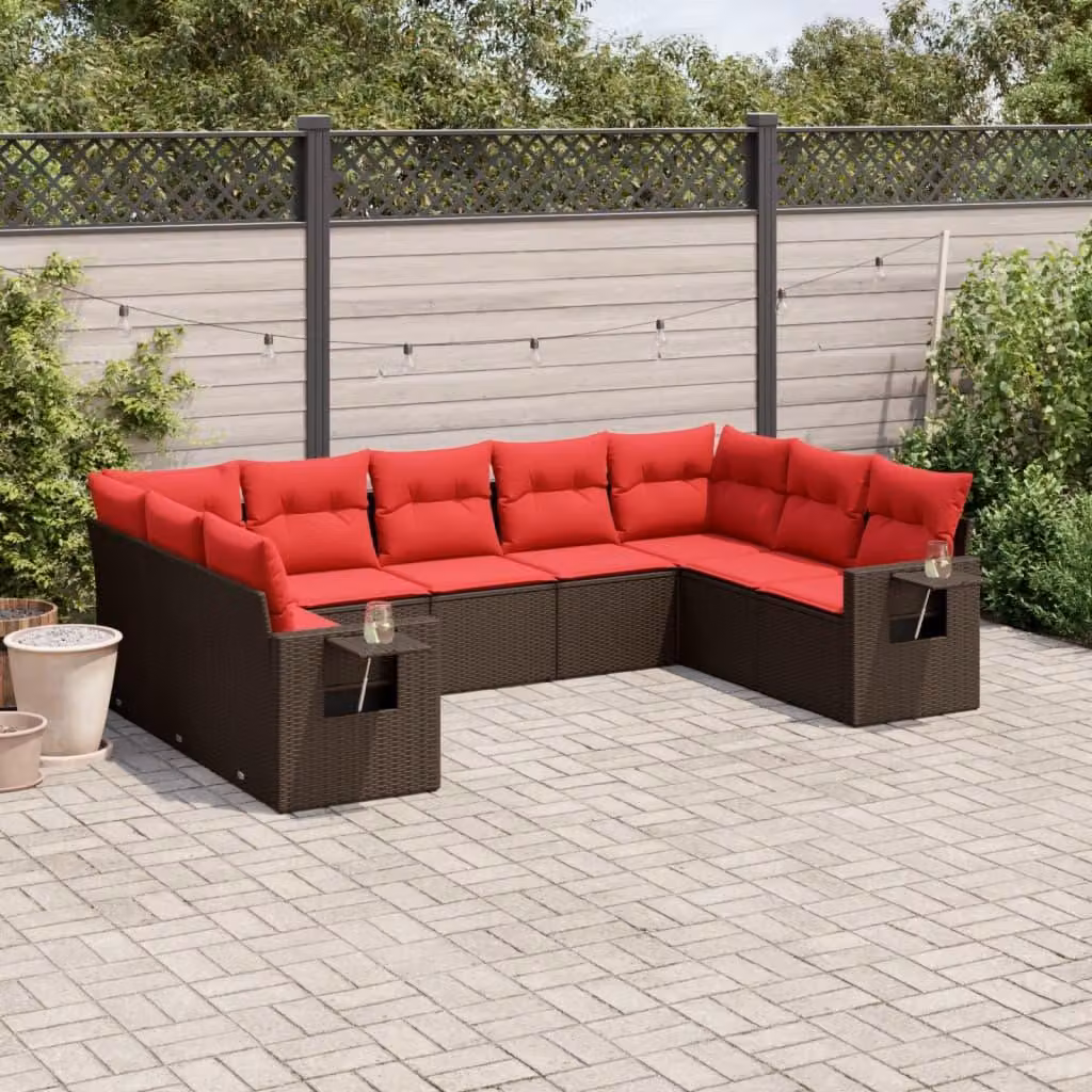 Maison Exclusive - Set divano da giardino 9 pezzi con cuscini, marrone, polyrattan