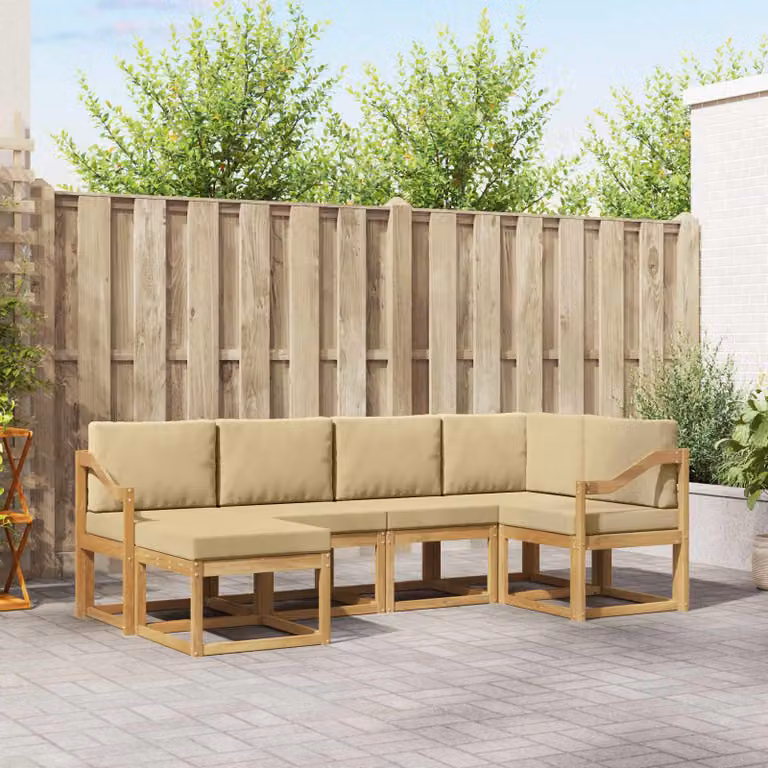Set di divani da esterno vidaXL 6 pz a forma di L con pouf e cuscini, Bianco e Beige, in legno di acacia e tessuto