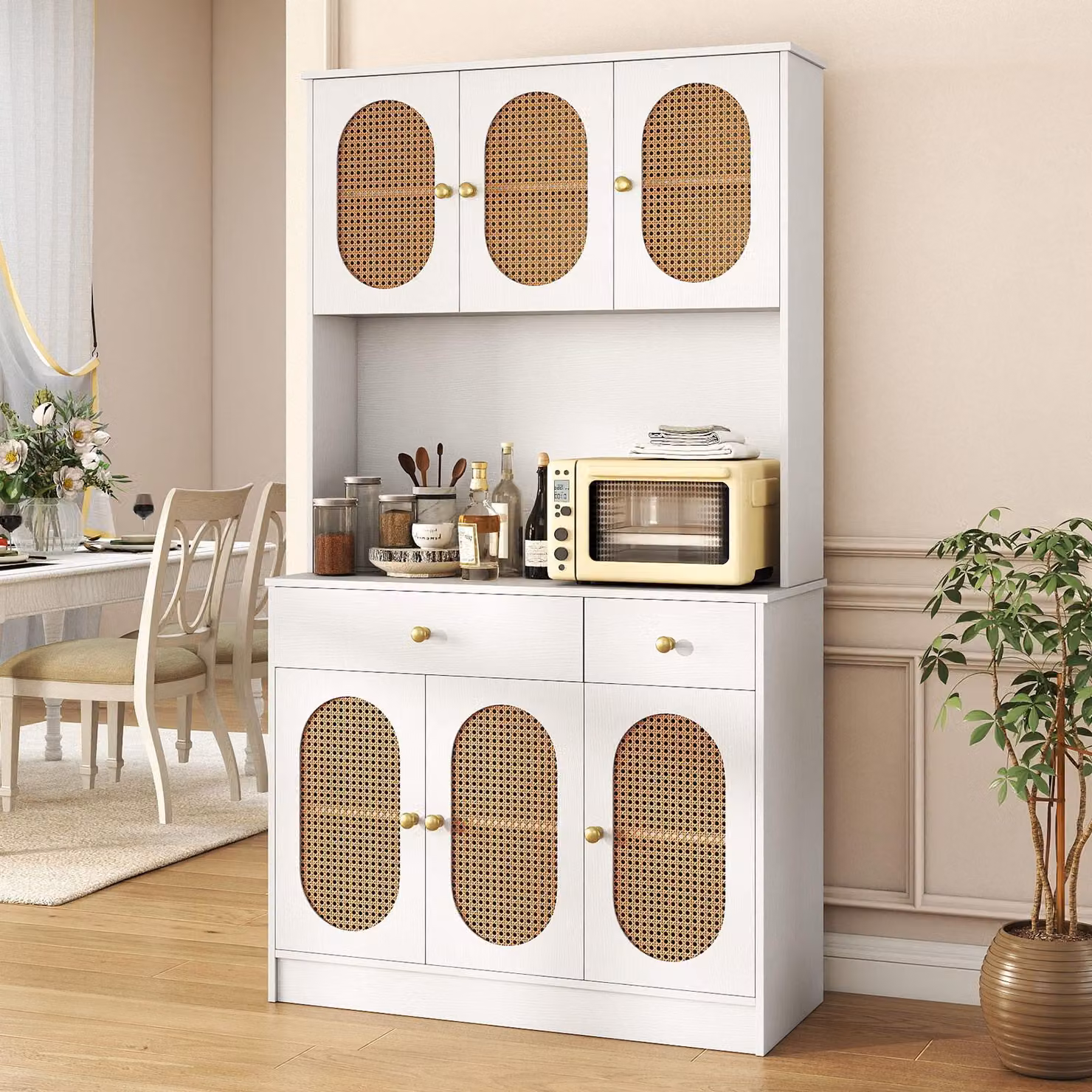 COSTWAY Mobile da cucina in legno, credenza con 2 prese elettriche, 2 porte USB, ante in rattan, piano di lavoro e 2 cassetti, 100x40x180 cm (bianco)