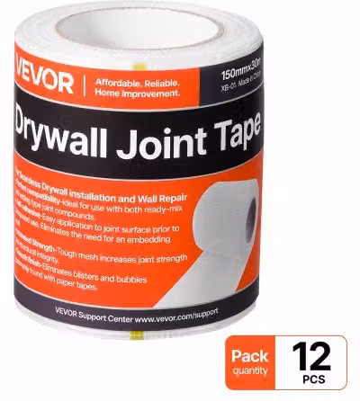 Set di 12 rotoli di nastro in fibra di vetro autoadesivo VEVOR bianco per giunti in cartongesso, L: 150 mm, Lunghezza: 30 m