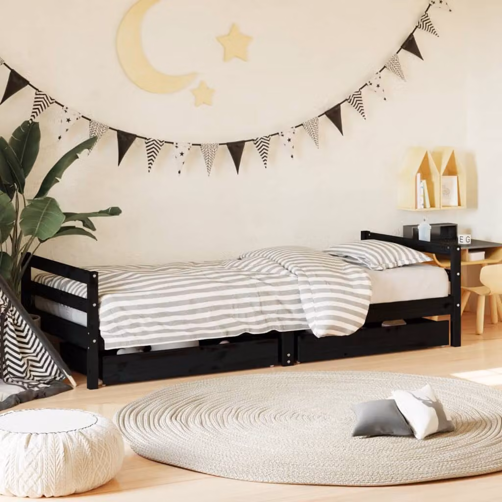 vidaXL Giroletto per Bambini con Cassetti in Legno di Pino Massello Nero L 90 cm x P 200 cm