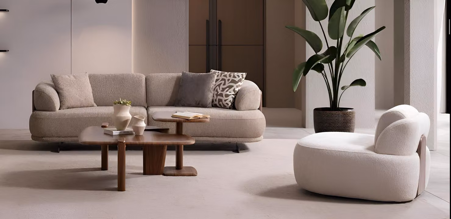 Designer Wohnzimmer Garnitur Beiger Dreisitzer Stilvoller Sessel
