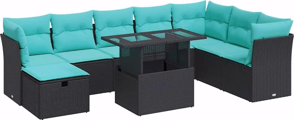 Set Divani da Giardino 9 pz con Cuscini Nero Polyrattan Acacia