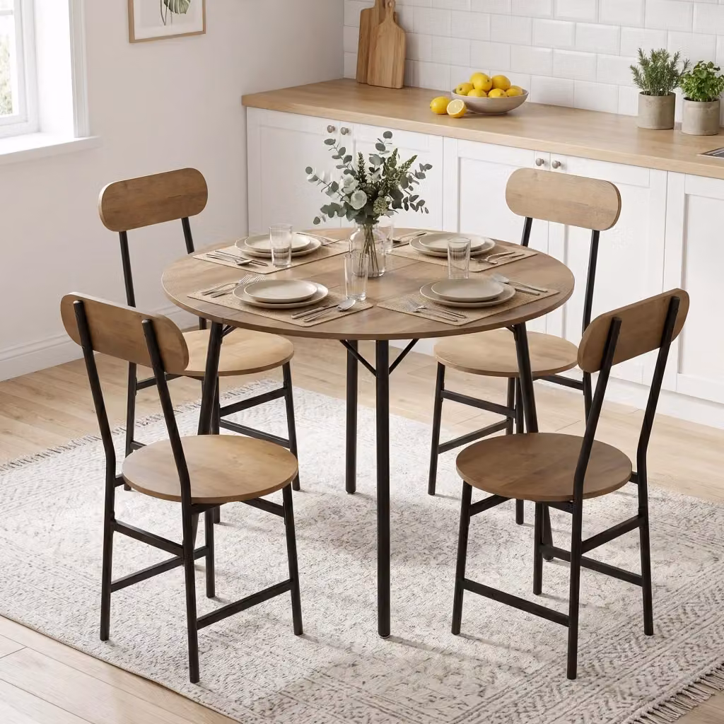 Set da pranzo GIORDANOSHOP composto da tavolo rotondo e 4 sedie in stile industrial con gambe in metallo nero e finitura legno marrone, L/P/H: 100 x 100 x 77 cm per tavolo e 42 x 52 x 88 cm per sedie – 2