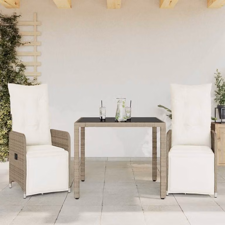 Set Bistrò da Giardino e Balcone 3 pz vidaXL in Polyrattan Marrone con Cuscini e Piano in Vetro