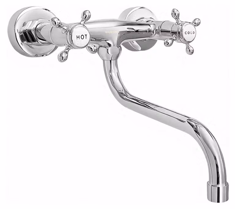 Miscelatore da cucina, montaggio a parete, due manopole, cromo, sporgenza di 25,5 cm, distanza tra i fori da 13,5 a 16,5 cm, attacco da 1/2 pollice, girevole a 360°, corpo in ottone cromato