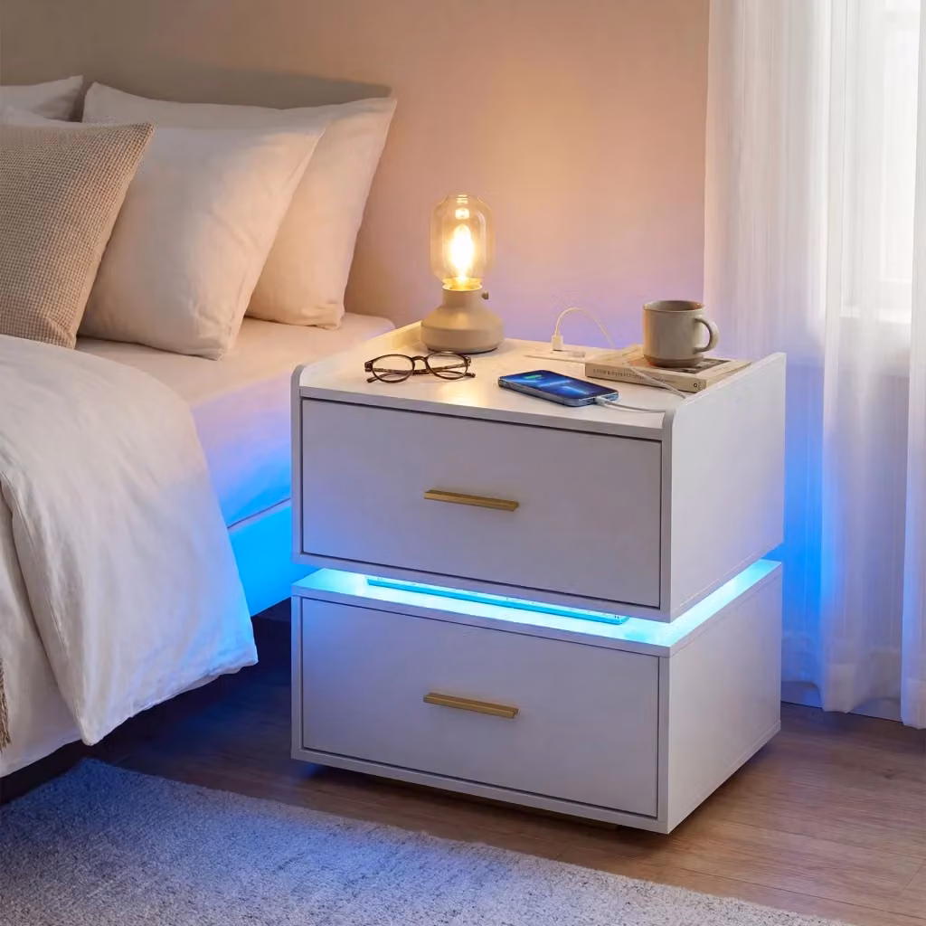 Comodino moderno semi-sospeso con illuminazione LED e 2 cassetti, bianco opaco – 2