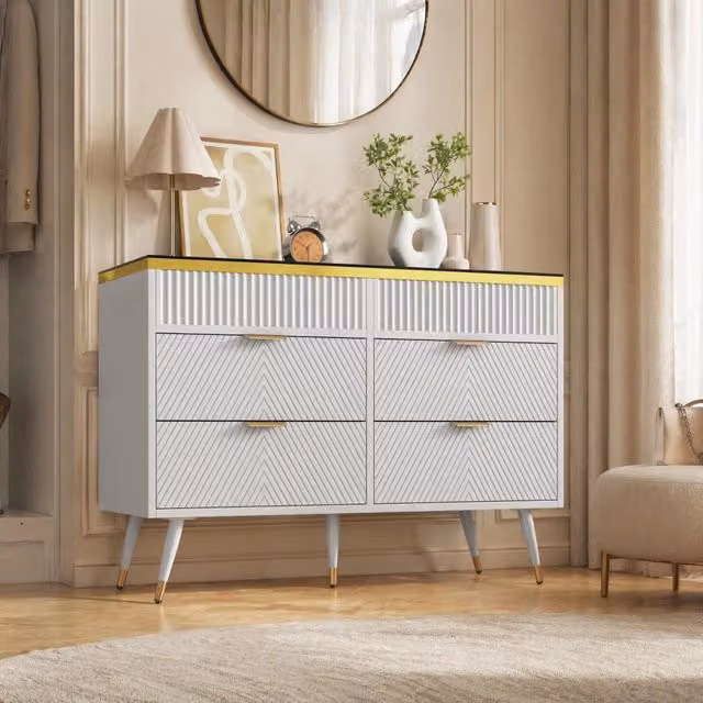 Credenza con 6 cassetti e superficie in vetro; 120 x 40 x 76 cm; bianco