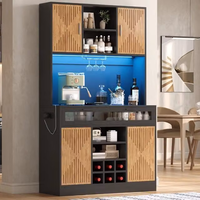 Desviae Dispensa alta con LED RGB, presa con 2 AC e 2 USB, portabicchieri e portavino rimovibile naturale 105 × 40 × 180 cm