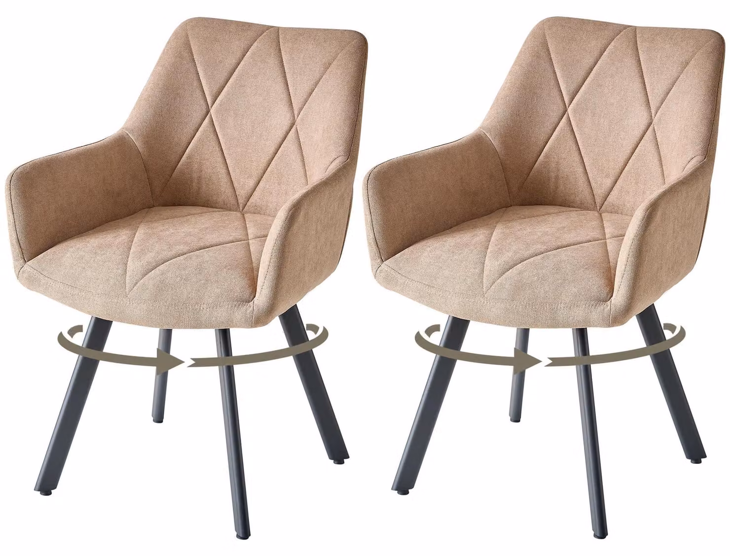 Set di 2 sedie da pranzo - Sedie moderne girevoli - Rotazione a 360° - Rivestimento in tessuto imbottito - Gambe in metallo - Seduta imbottita - Colore kaki