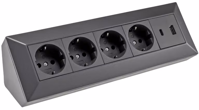 blocco presa a 4 vie, USB-A+C, nero, montaggio superficiale, USB 3,1A, PD
