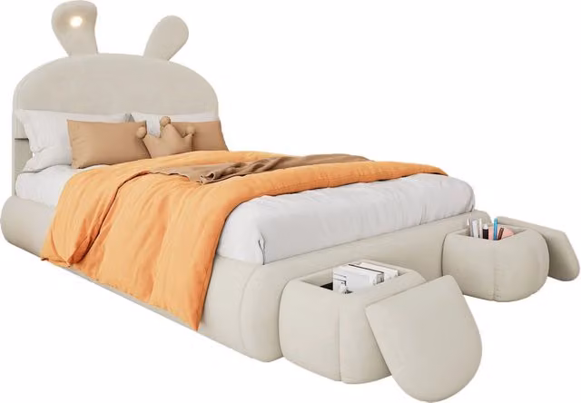 Letto contenitore con sollevamento idraulico, letto matrimoniale imbottito 140x200 cm in velluto beige con testiera a orecchie di coniglio e luce LED