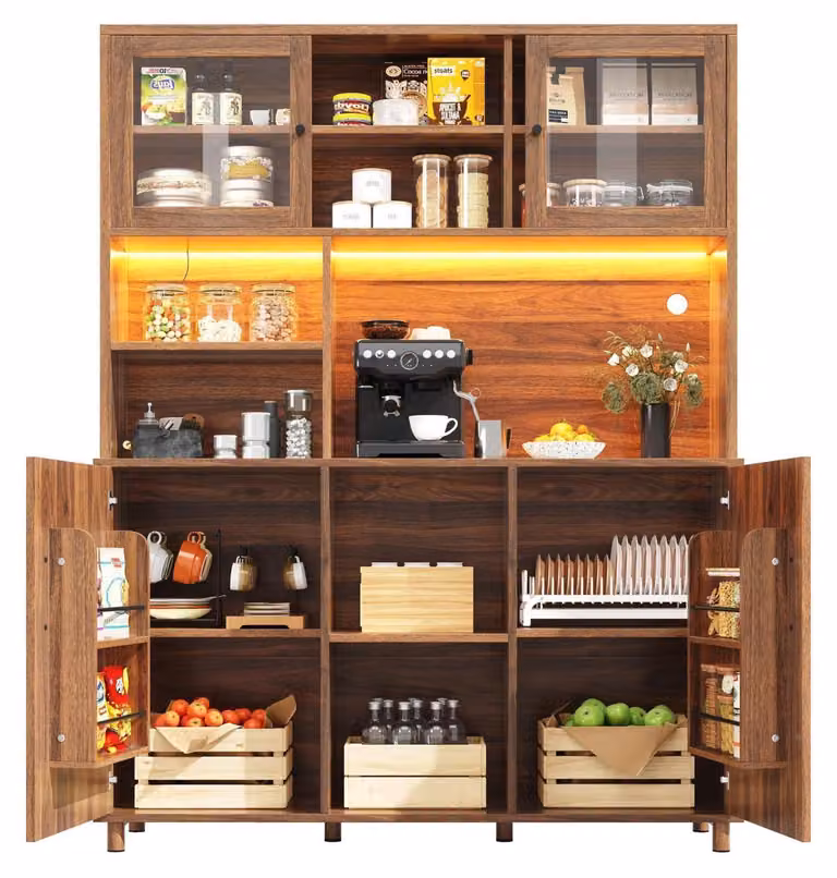 Armadio alto per soggiorno, mobiletto per cucina, credenza per sala da pranzo, dimensioni 140x40x185 cm, finitura noce con illuminazione a LED