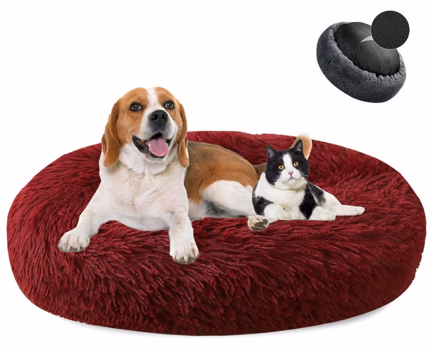 Cuccia per cani a forma di ciambella, in peluche, lavabile, morbida, adatta a cani e gatti, diametro 70 cm, colore rosso vino