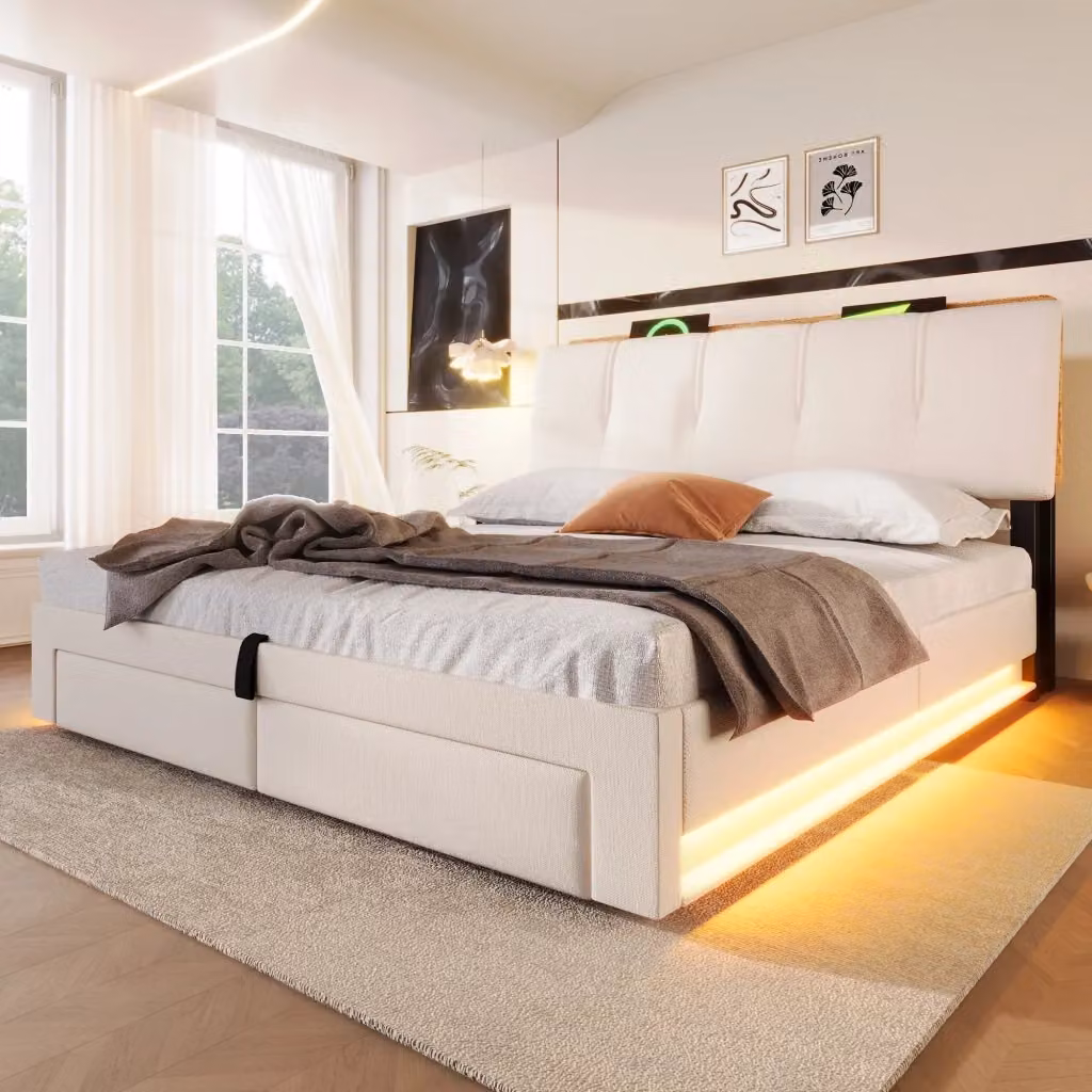 Letto Contenitore REDOM in Tessuto Beige con Base a Sollevamento, Porte USB, Type-C e Illuminazione LED, L/P: 140 x 200 cm, H: 218 cm – 2