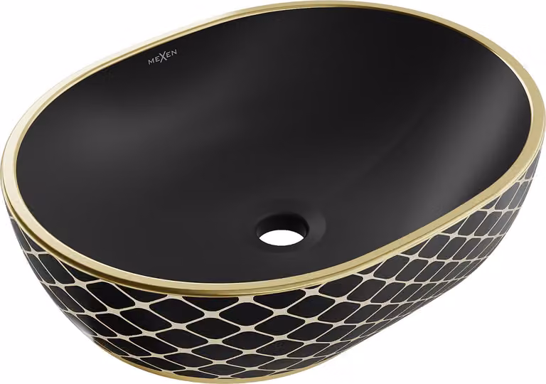 Mexen Viki lavabo da appoggio 48 x 35 cm, nero opaco/oro motivo a griglia - 21054879
