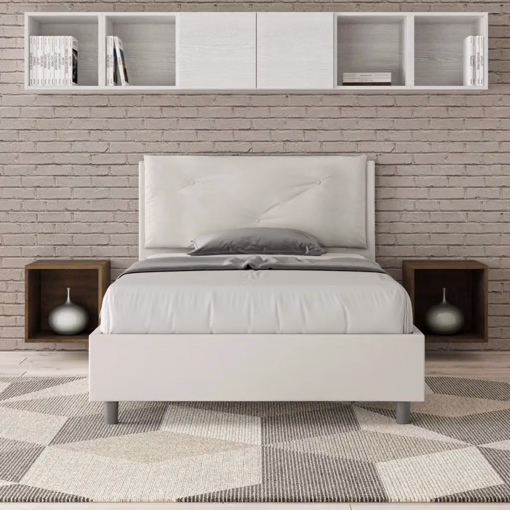 Letto Appia Large da 1 Piazza e Mezzo con Contenitore e Rete, Imbottito in Similpelle, Bianco, L/P/H: 120 x 200 cm – 2