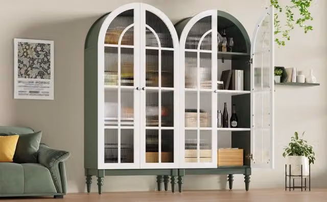 Vetrina ad arco con ante doppie in vetro scanalato e tre ripiani in MDF verde 76 × 38;5 × 165 cm