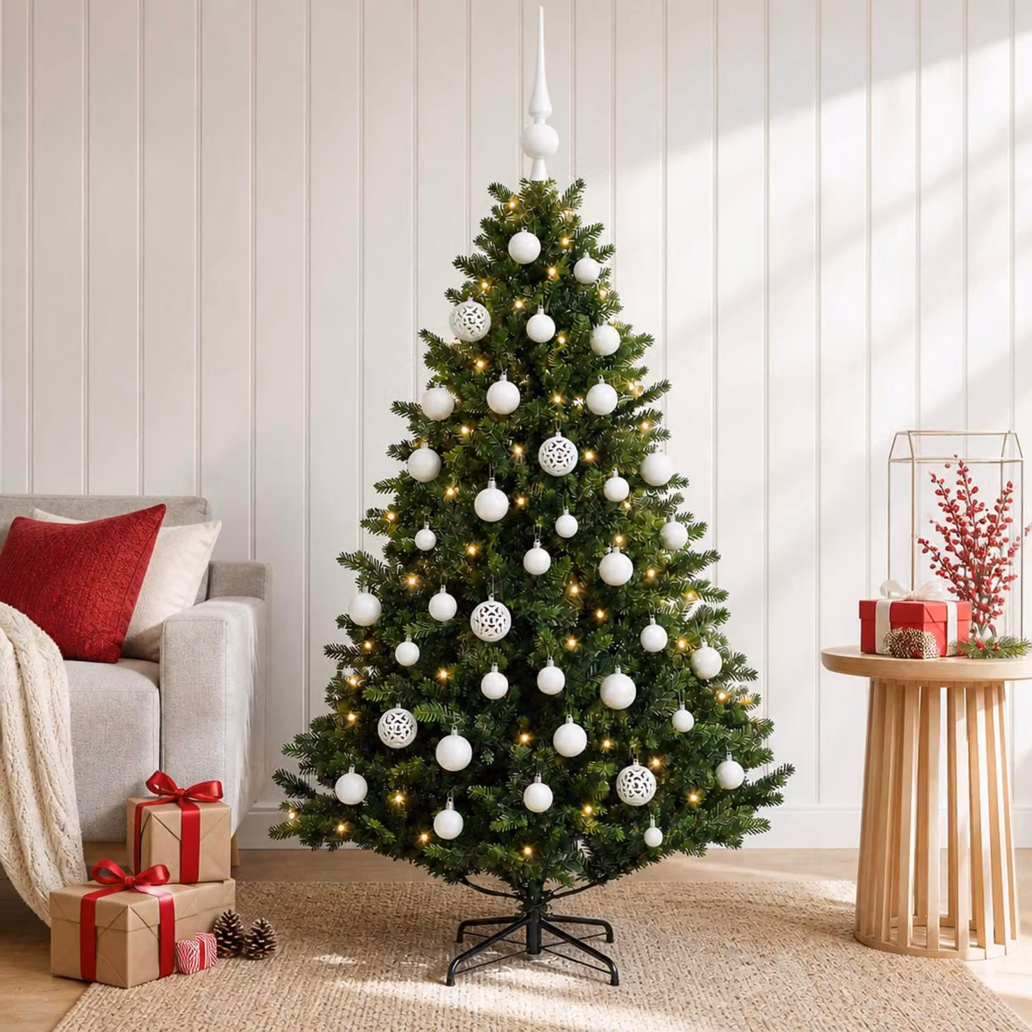 Albero di Natale artificiale con decorazioni a sfera, altezza 120 cm, 150 luci LED
