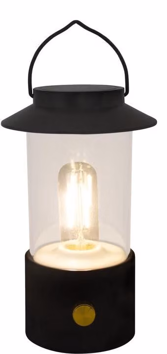 Uniqoos® Lampada da campeggio LED portatile, 19 cm, nera, con luce calda regolabile, alimentata a 3 batterie AA, adatta per interni ed esterni, con maniglia regolabile