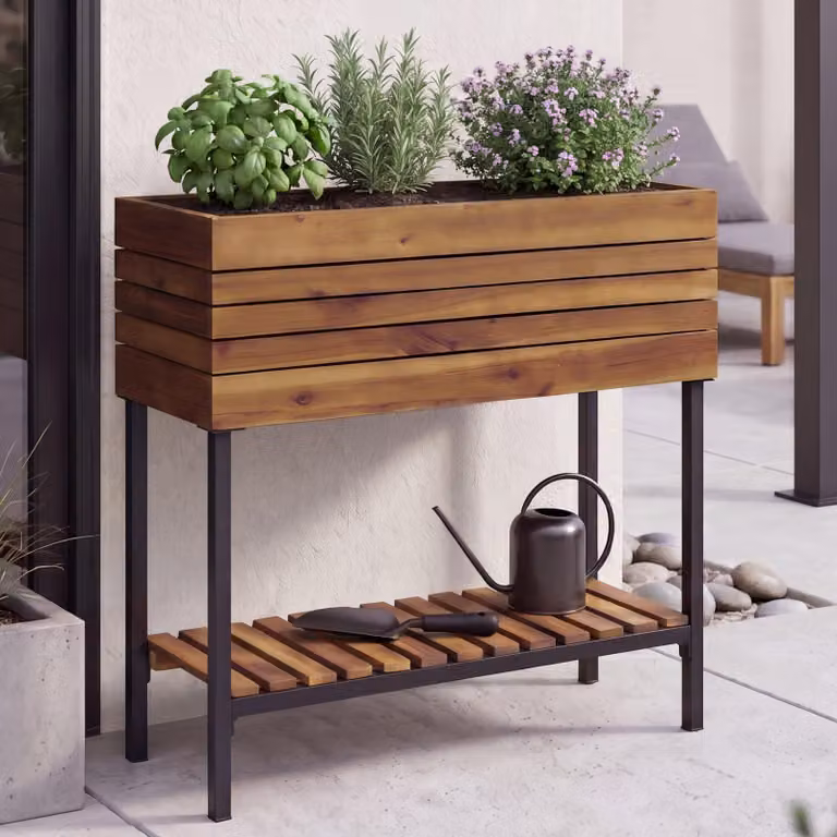 Aiuola rialzata HWC-P84, fioriera per fiori e piante, vaso da giardino, ripiano da esterno in legno di acacia 79x80x31 cm ~ marrone