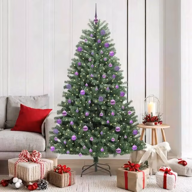 Albero di Natale Artificiale Moderno vidaXL Verde con Luci LED Bianco Caldo e Rami Pieghevoli in PVC e Metallo – 1