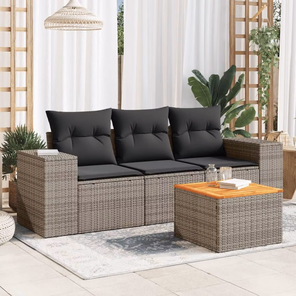 Set Divani da Giardino vidaXL 4 Pezzi con Cuscini e Tavolino, Polyrattan e Acciaio Grigio – 1