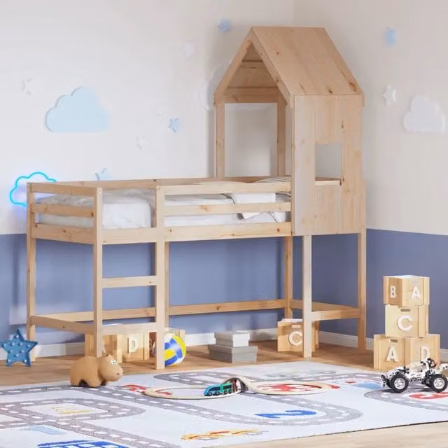 Letto Soppalco con Scala e Tetto 80x200 cm Legno Massello Pino 3282028