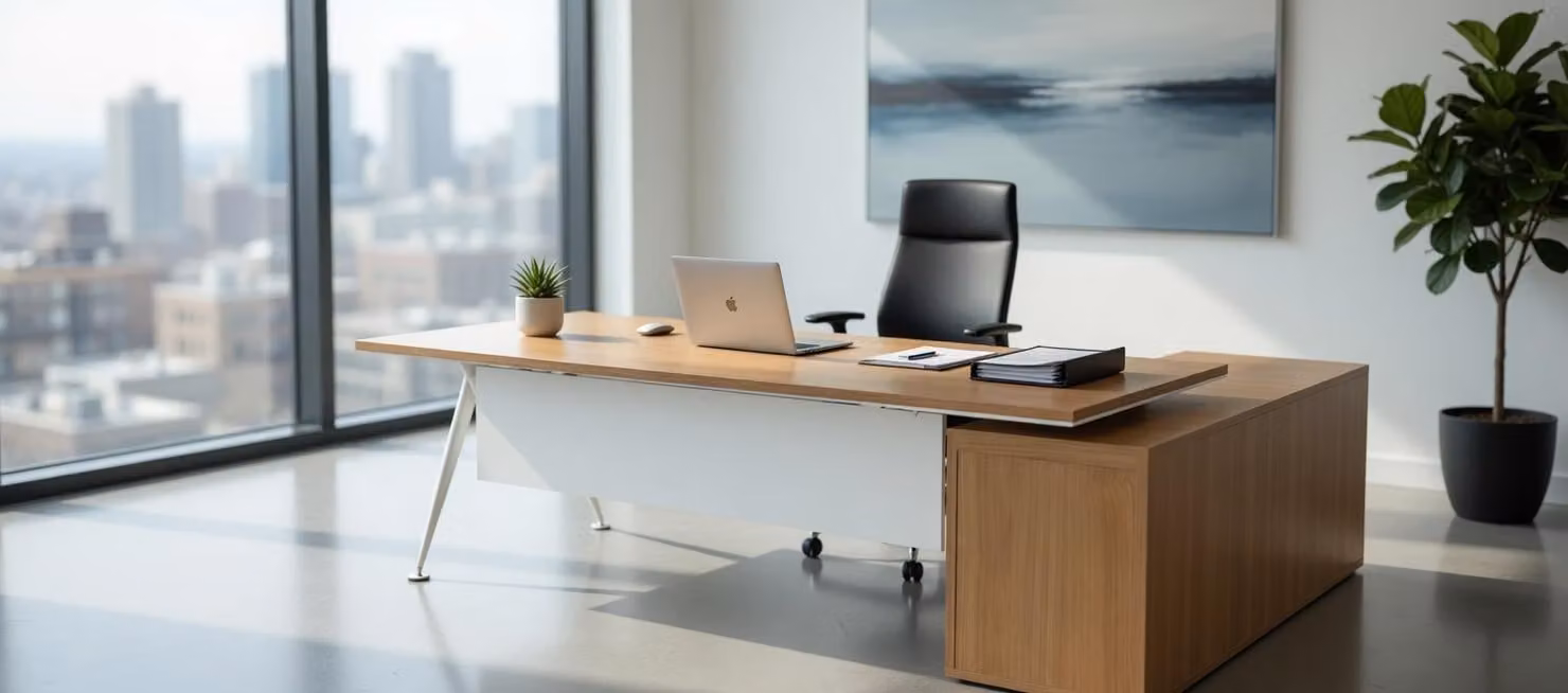 Scrivania in legno e metallo, ideale per l'arredamento moderno di un ufficio