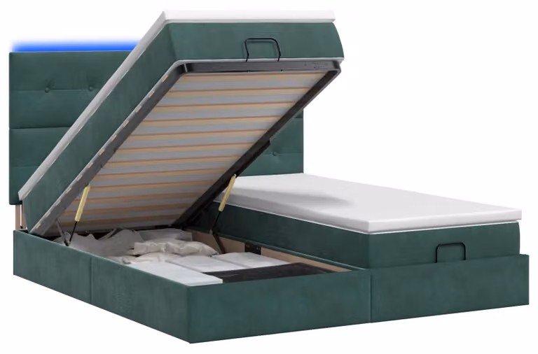 Panca-letto con materasso e illuminazione LED, verde scuro, 160 x 200 cm, rivestita in velluto