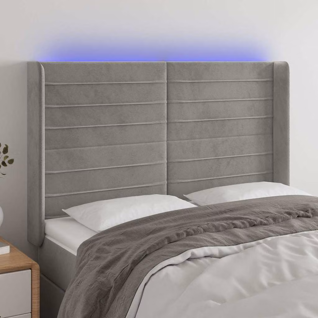 Testiera per letto vidaXL in velluto grigio con illuminazione LED integrata e porta di ricarica USB, L 147 cm x P 16 cm x H 118/128 cm