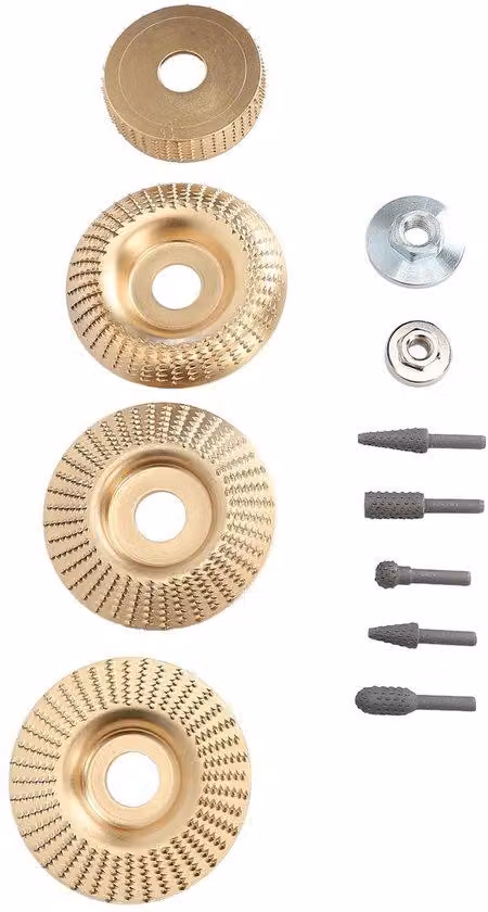 Set di dischi per lavorazione del legno - 4 dischi per taglio del legno - Set di 5 punte rotanti - Utilizzabile in modo universale - Compatibile con utensili rotanti - Facile da installare - Articoli per la levigatura del legno