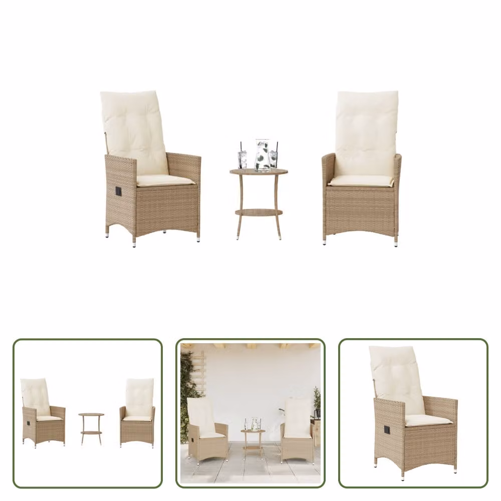 The Living Store Set da bistrot 3 pezzi con cuscini Beige poly rattan
