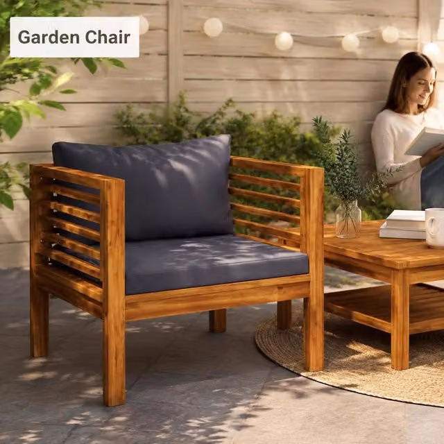 Garden Chair With Dark Grey Cushions, Solid Acacia Wood