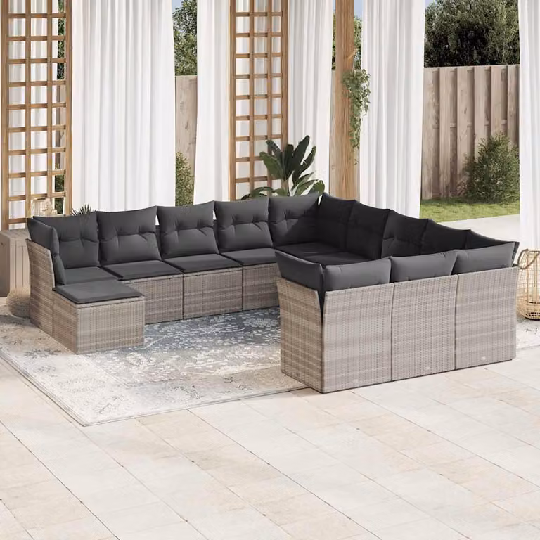 vidaXL Set Divano da Giardino a L in Polyrattan Grigio con Cuscini e Ottoman 12 Pezzi