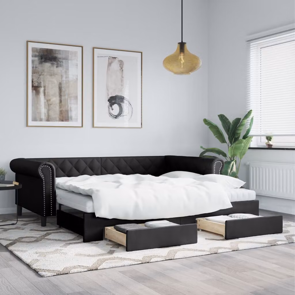 vidaXL Divano Letto Estraibile con Cassetti in Similpelle Nero L/P/H: 90 x 200 cm