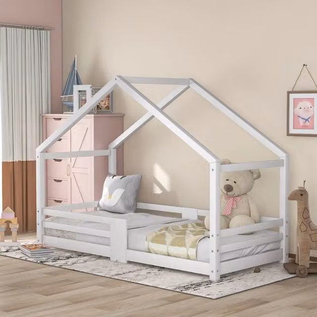 Letto a casetta OKWISH per bambini in legno di pino massiccio bianco, L/P/H: 200 x 90 x 120 cm