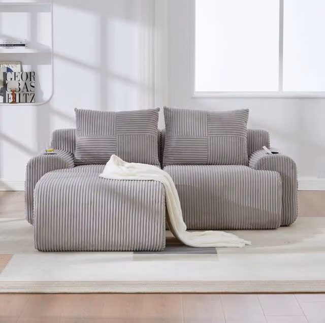 Divano modulare 2 posti 200x174x80 cm in tessuto cord grigio con pouf, per soggiorno –