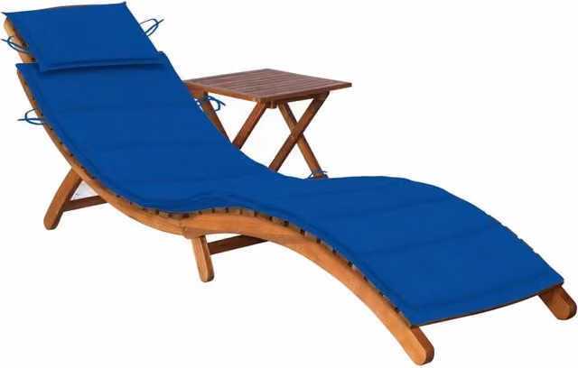 Lettino prendisole da giardino Outsunny in legno di acacia con tavolo e cuscino blu