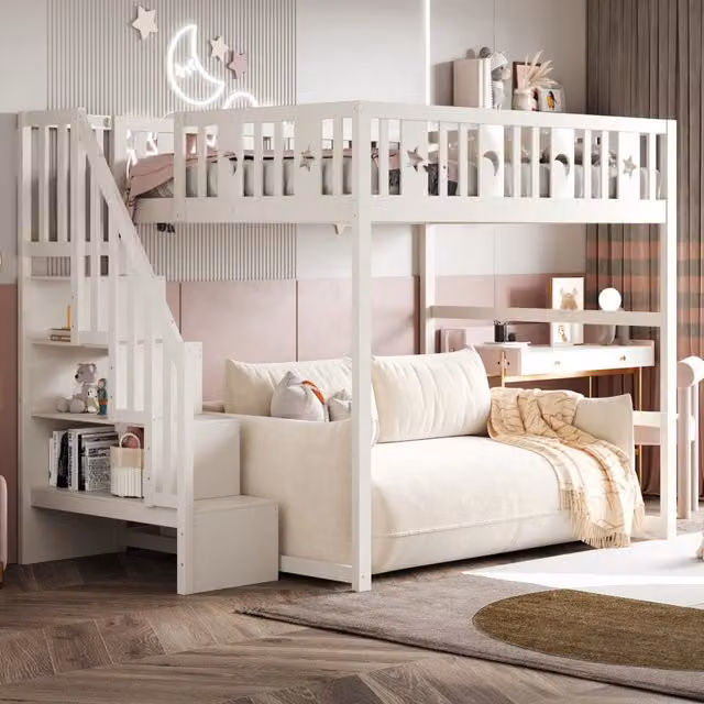 Letto a soppalco ULEVR 140x200 cm con scala e ripiani integrati, area seduta inferiore, bianco