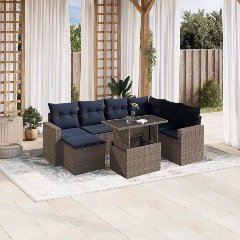 Set di divani da giardino vidaXL in polyrattan grigio con cuscini, tavolino e pouf, design moderno a L per esterno