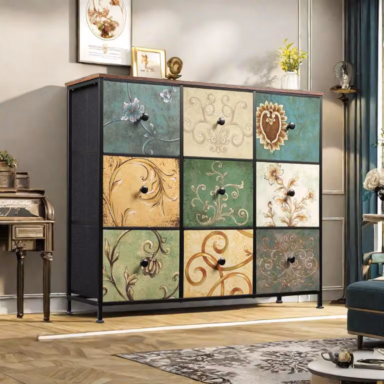 Cassettiera Fortuna Lai con 9 cassetti in tessuto, credenza per cucina, ufficio e corridoio, mobile TV