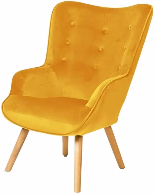 Poltrona da salotto in velluto giallo senape con piedi in legno collezione ENJOY. Stile scandinavo.