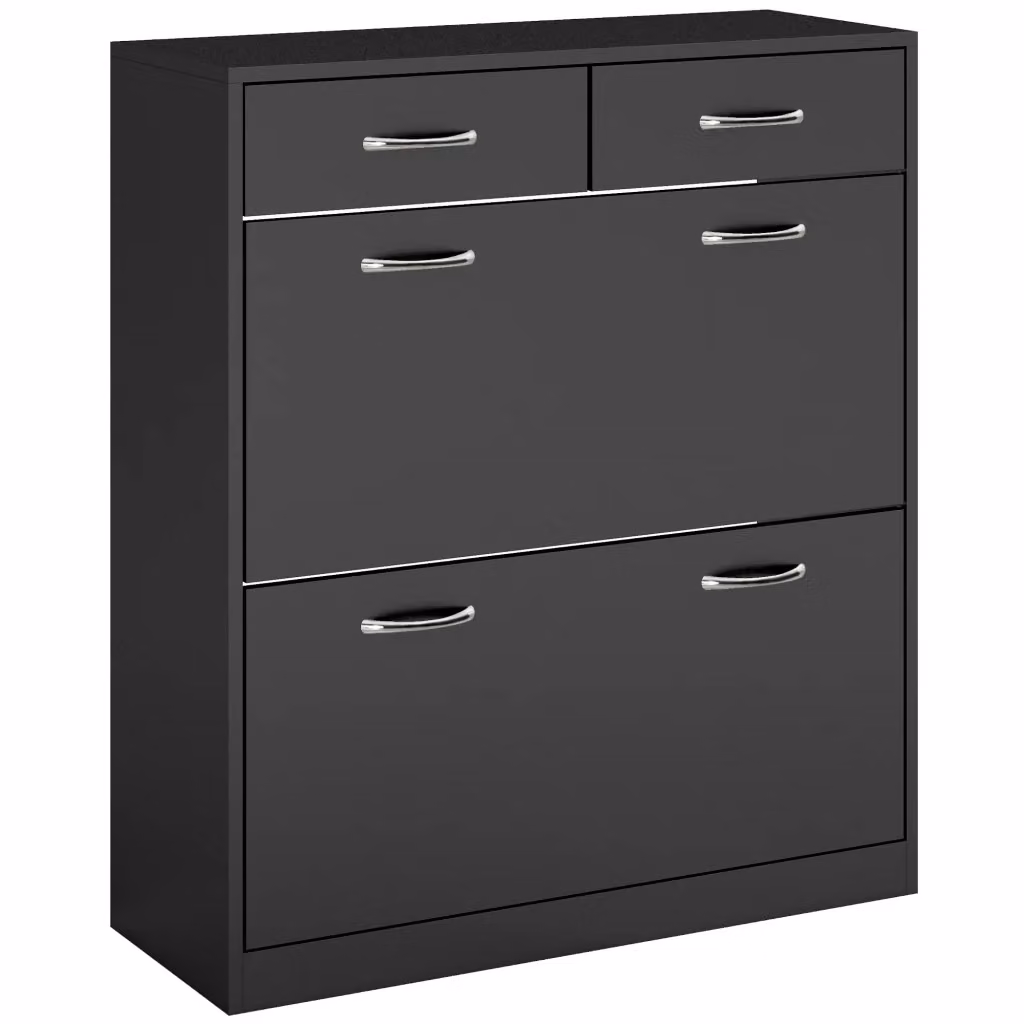 Scarpiera moderna con ante abbattibili e cassetti in MDF nero L: 80 cm, P: 30 cm, H: 91.5 cm – 2
