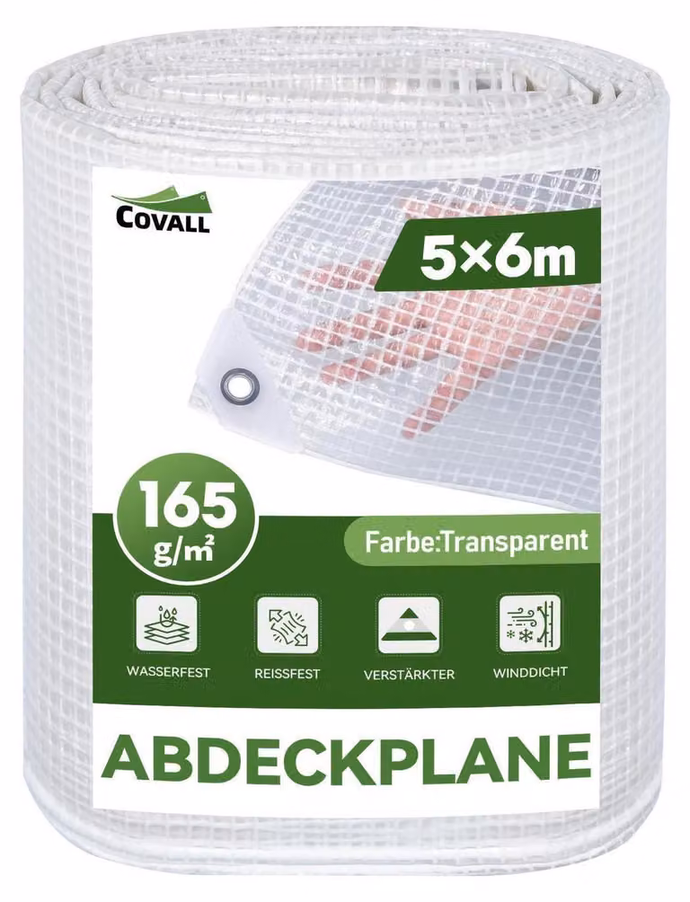 Telo trasparente con occhielli, dimensioni 5x6 metri, impermeabile, resistente allo strappo, stabilizzato contro i raggi UV